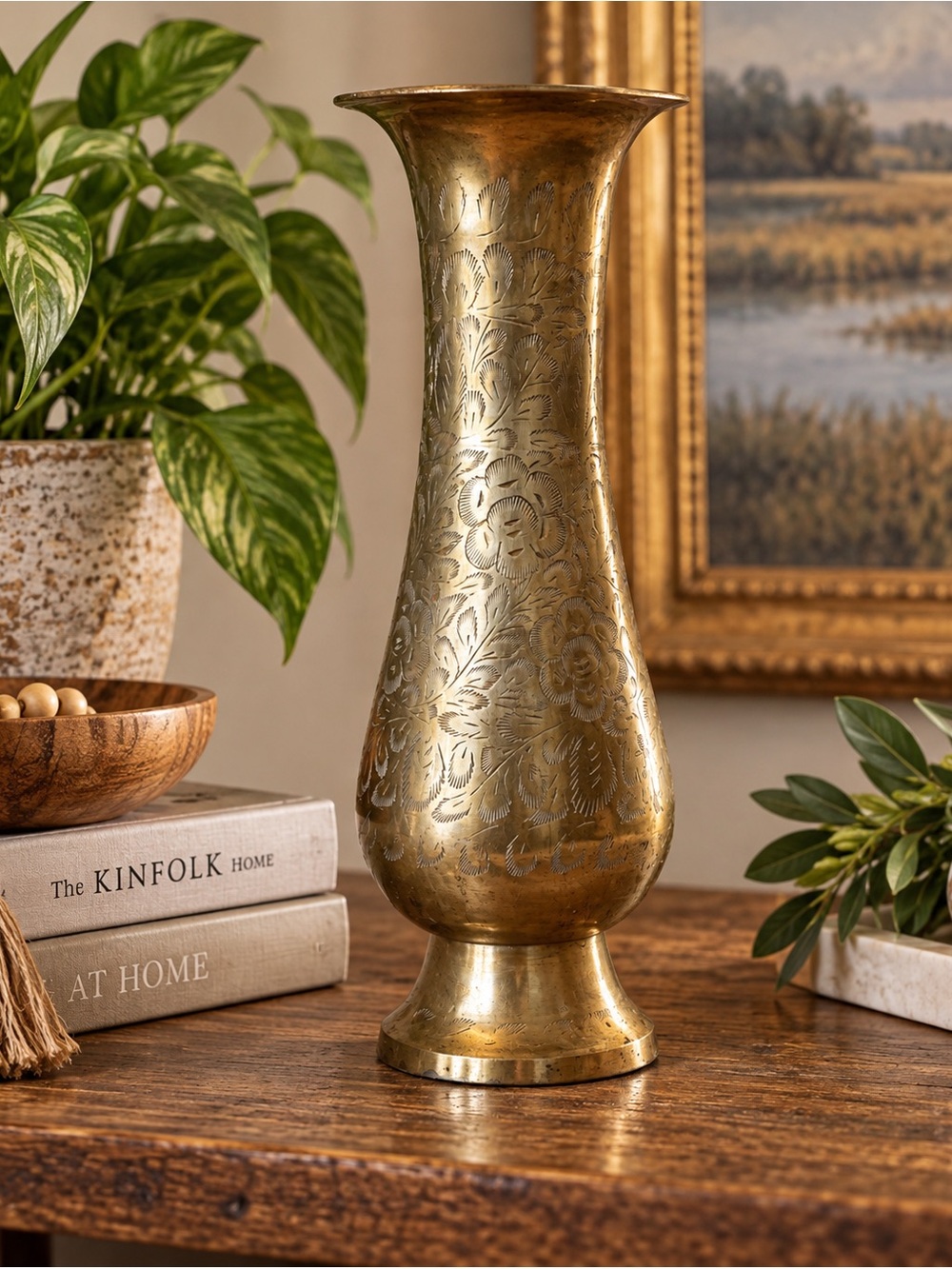 Vintage solid Brass Floral Etched Decorative Vase - stunning!